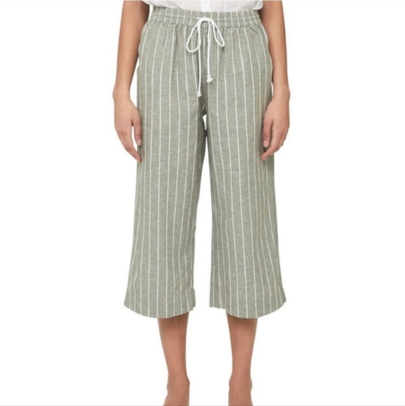 BeachLunchLounge Margo Green Striped Linen/Cotton Blend Cropped Wide Leg Pants L - Picture 2 of 9